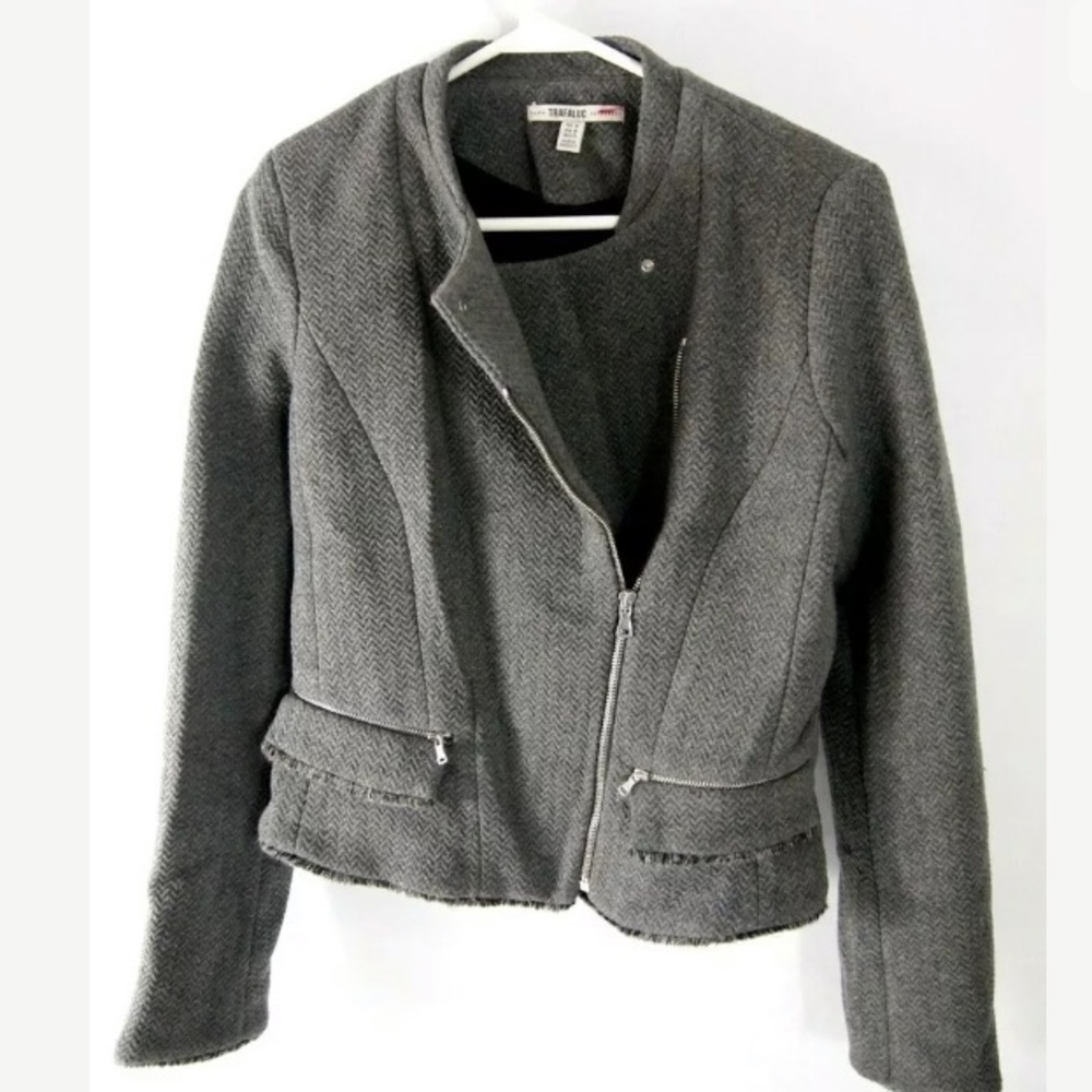 Zara Moto Jacket Tweed Herringbone Zipper Wool